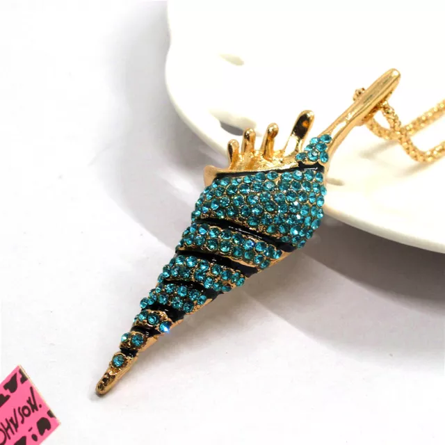 New Fashion Women Blue Rhinestone Cute Conch Crystal Pendant Chain Necklace