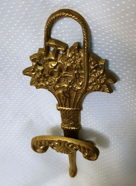 Vintage Antique Heavy Brass Coat Robe Hook*Victorian Flower Basket Design 8"... 2