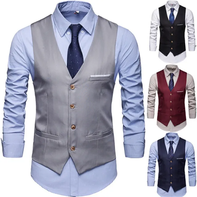 Men V-Neck Suit Vests Formal Vest Slim-Fit Business Dress Waistcoats w/Pockets