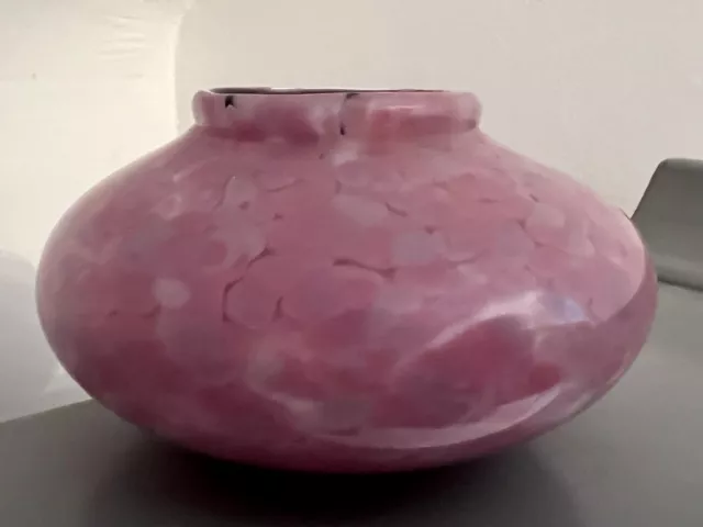 Pink Amethyst Hand Blown Squat Art Glass Vase Signed Pontil Mottled Rose Bowl