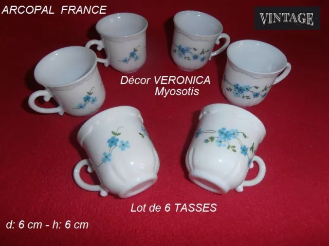 ARCOPAL FRANCE Vintage Lot 6 jolies TASSES  Décor Fleurs bleue VERONICA Myosotis