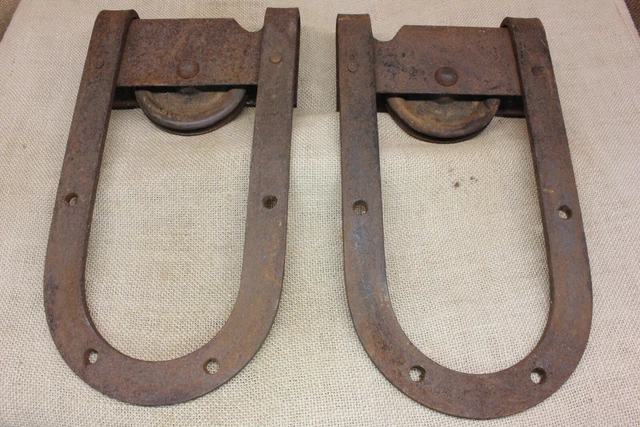 2 Barn Shed Door Horseshoe Hangers Rollers Wheels Vintage Rustic Patina 6” wide