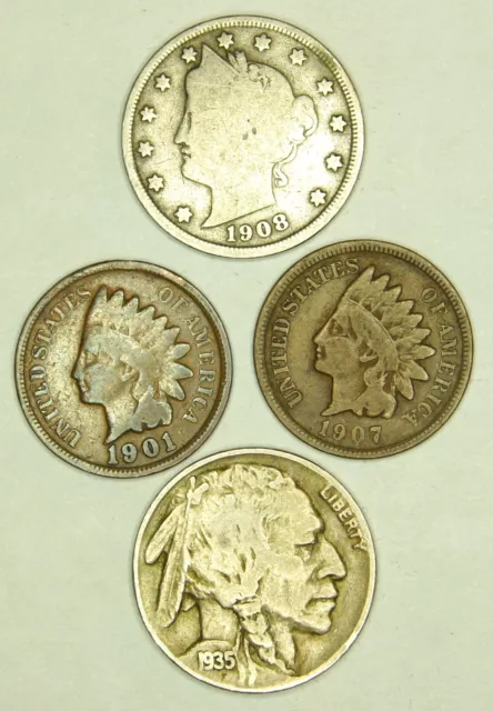 Indian Head Penny, Buffalo Head Nickel, Liberty V Nickel - 4 coin lot