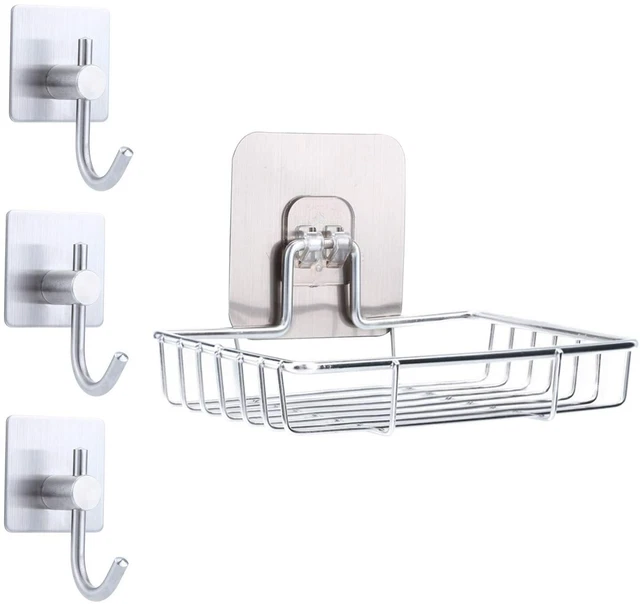 4PCS Sticky Hook and Soap Box Stainless Steel Heavy-Duty Waterproof Hook