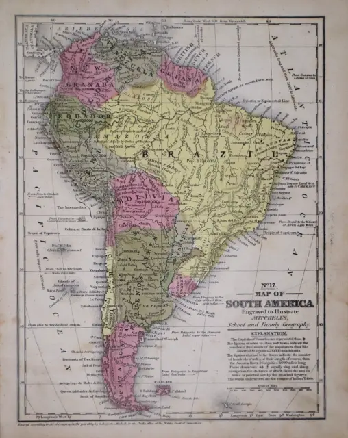 1849 Authentic Mitchell Atlas Map ~ SOUTH AMERICA ~ Free S&H