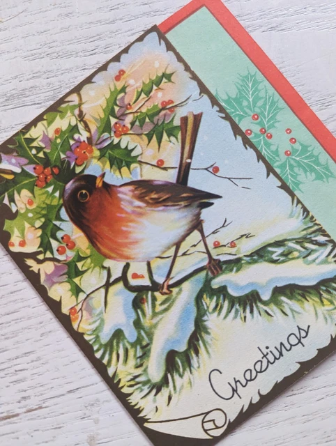 Vintage 50's Robin Redbreast Branch Holly Berries Christmas Greeting Card EB3697