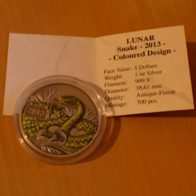 Tokelau 5$ 2013 Snake colored antique finish silver 999 1 oz+ capsule+CoA