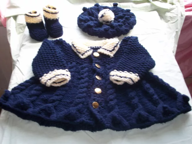 Baby knitting pattern,  warm  baby cardigan sailor coat, hat, boots Matinee set.