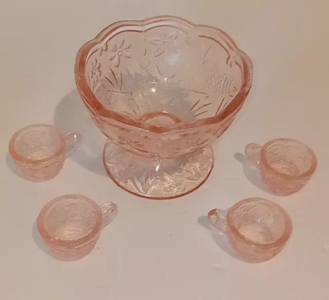 Very Cute Vintage Miniature Pink Glass Punch Bowl Set with 4 Cups. Nice Mini Set