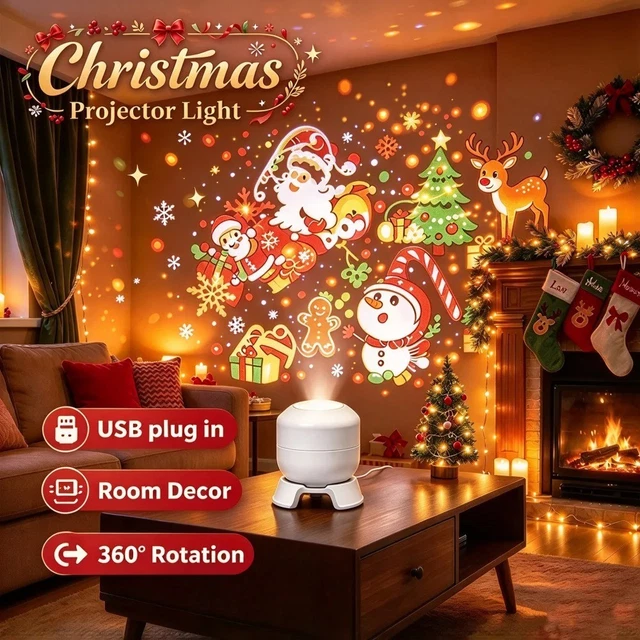 CHRISTMAS PROJECTOR NIGHT Light 360° Rotating LED USB Bedroom Ceiling ...