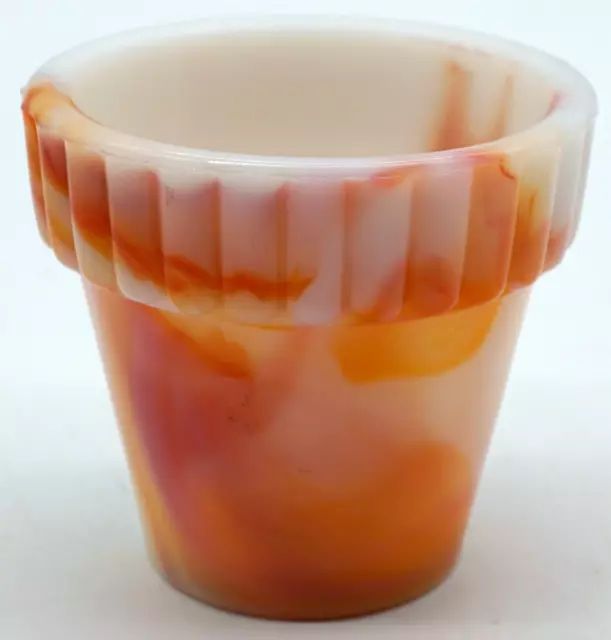 Vintage Akro Agate Co. Glass Ribbed Top Flower Pot White & Orange Swirl 292