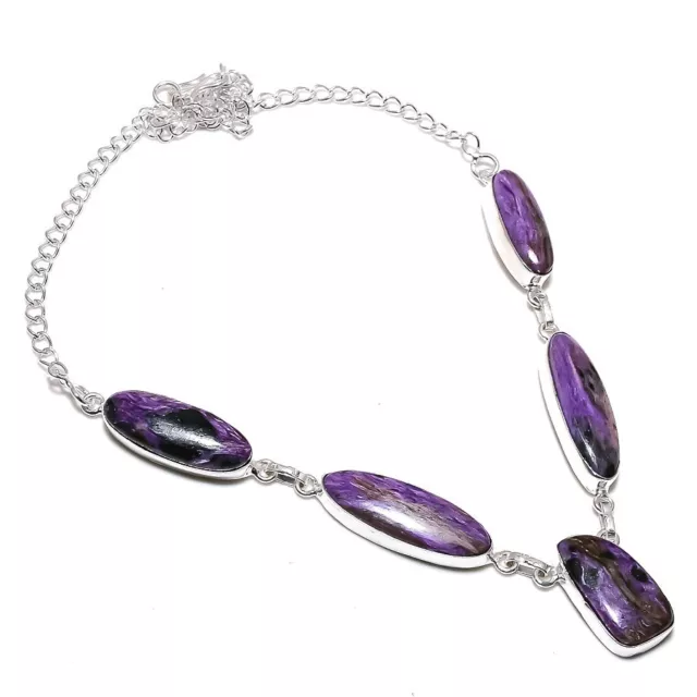 Natural Russian Charoite Gemstone 925 Sterling Silver Jewelry Necklace 18" v564