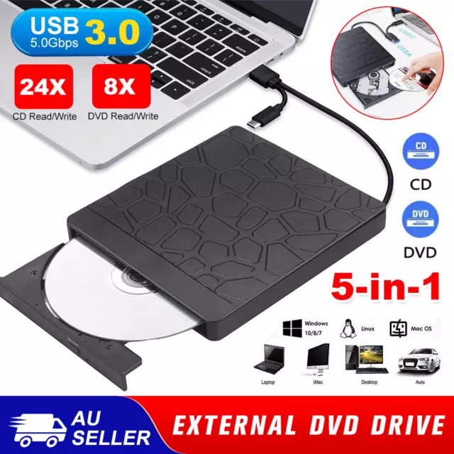 USB External CD RW DVD ROM Writer Burner Player Drive PC Laptop For Mac Windows