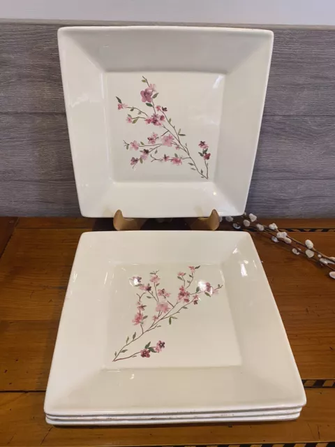 Vintage 4 Pottery Barn  Blossom Asian Square Dinner Plates Edge 10 1/2