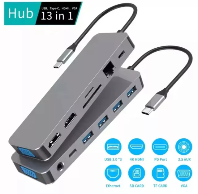 13 in 1 USB Type C Hub Multiport Adapter Dongle Docking Station 4K HDMI RJ45 VGA