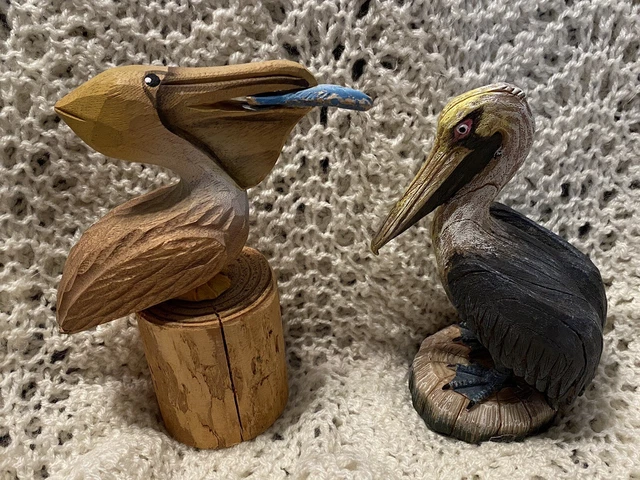 Hand Carved And resin Wood Pelican Figurine On Wood Stump  6 Inches