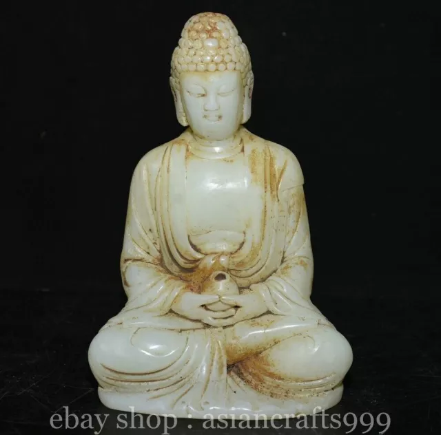 7.2" Seltene alte chinesische weiße Jade Schnitzen Shakyamuni Buddha Skulptur