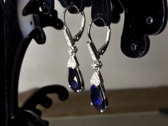 Sterling Silver 925 Leverback Earrings-Lab Created Sapphires (Signed P*M)-3.9g