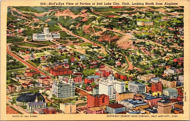 Birds Eye View Portion Salt Lake City Utah Looking North Airplane Linen Postcard