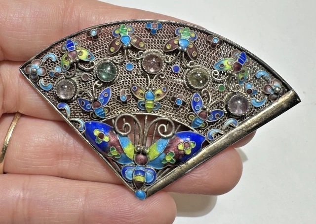 Ancienne Broche Chinoise En Argent Filigrane Avec Corail, Turquoise Et Lapis Lazuli - Occasion Bon État
