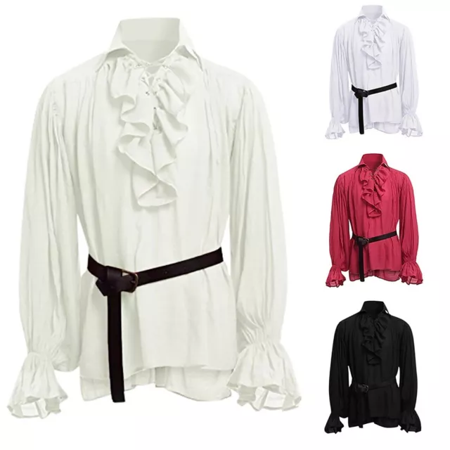 Mens Pirate Medieval Ruffle Steampunk Gothic Costume Victorian Tee Viking Shirts