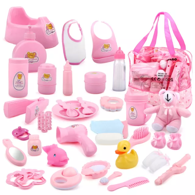 40PCS Baby Doll Bag Pretend Play Toy Set Doll Bear Feeding Games for Kids 3+