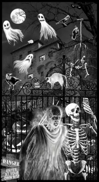Halloween Gate Skeleton Ghoulish Glow in Dark Cotton Fabric 9538GP 24" Panel