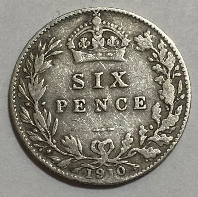 1910 Great Britain Sterling Silver Six Pence Coin .925 Silver