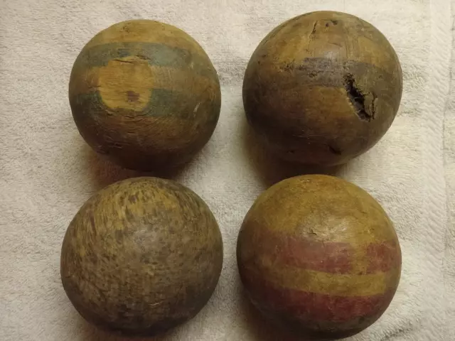 4 Vintage / Antique WOODEN CROQUET STRIPED BALLS - Primitive - Lawn Game- 3.5 in