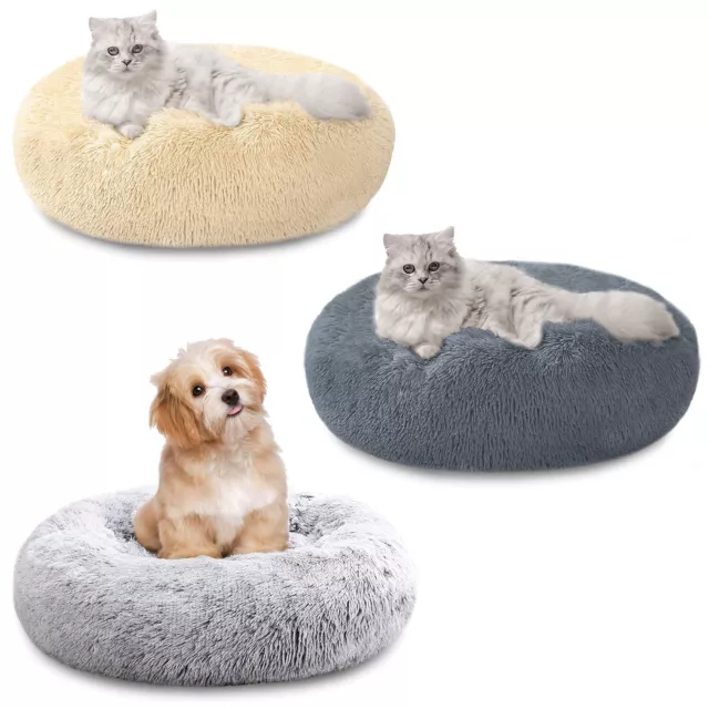 Warm Plush Round Donut Pet Dog Cat Bed Fur Cuddler Soft Puppy Calming Bed Kennel