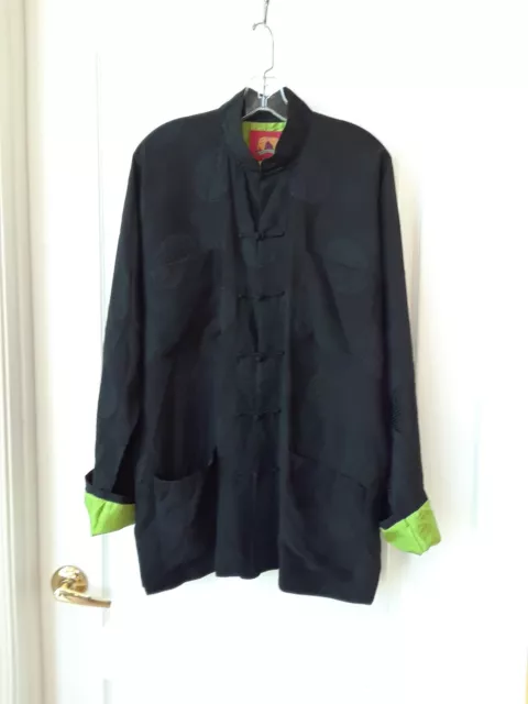 Shanghai Tang Black Jacket Mandarin Silk 40 Green Frog Closure Jacquard Clean!