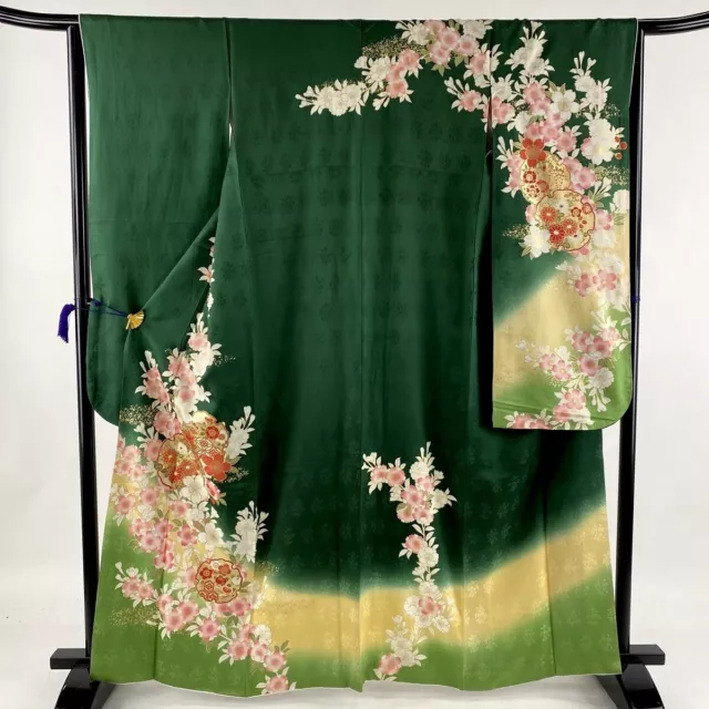 Japanese kimono SILK"FURISODE" long sleeves, Gold leaf, Plants, Green,L 64".1815