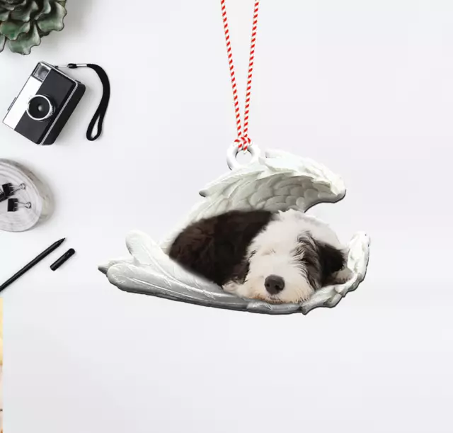 Old English Sheepdog Sleeping Angel Car Ornament, Sheepdog Angel Wings Ornament