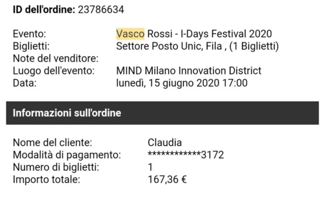 Biglietto vasco rossi Milano 24 maggio 2022