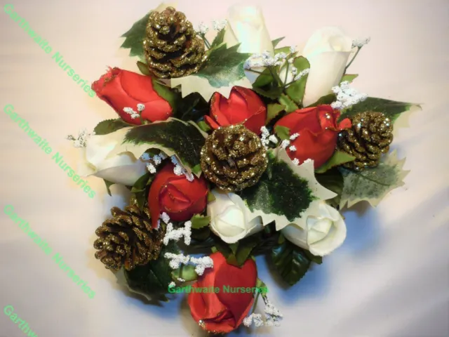 Artificial Red & White Roses Christmas Grave Vase/Crem Pot Or Table Centre