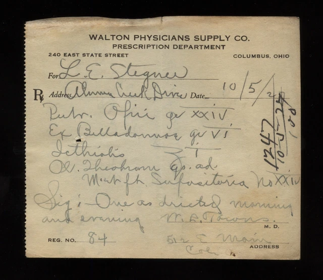 Walton Physicians Supply Columbus OH Handwritten Belladonna Opium Prescription