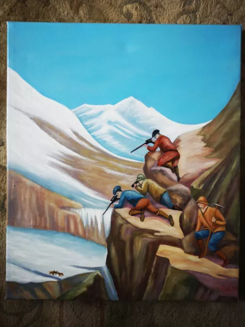 Magnifique grande toile tableau peinture scène chasseurs alpins montagne signée