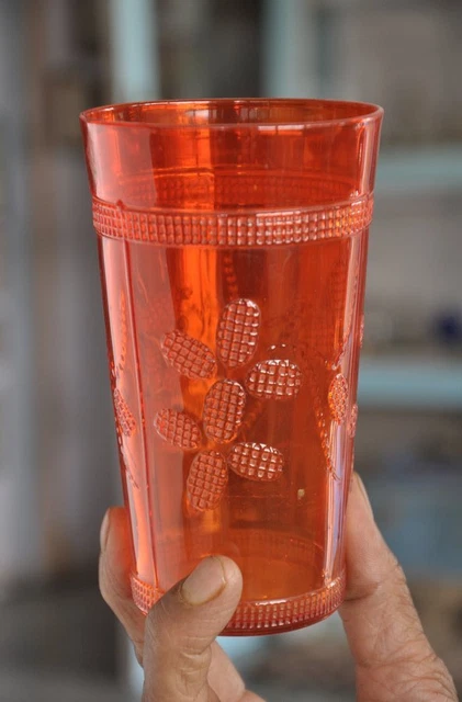 Vintage Fine Floral Embossed Design Orange Color Juice / Milk Glass