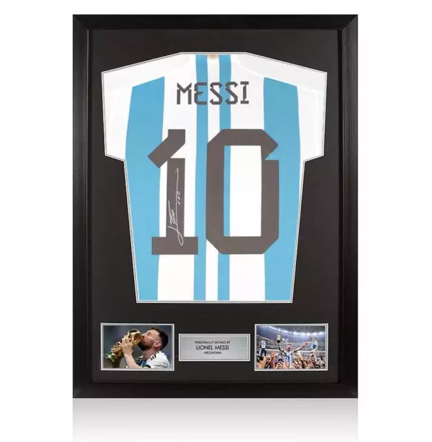 Framed Lionel Messi Signed Argentina Shirt: Home, 2022-23 With Fan Style Numbers