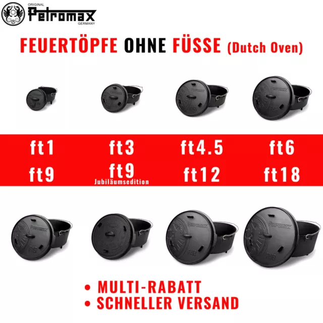 Petromax Feuertopf Dutch Oven Gusseisen Deckel Schmortopf BBQ ohne Füße Camping