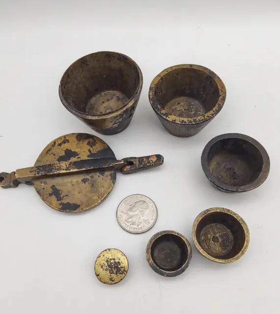 Antique Nested Brass? Apothecary Weights Set of 6 Hinged Lid Rustic