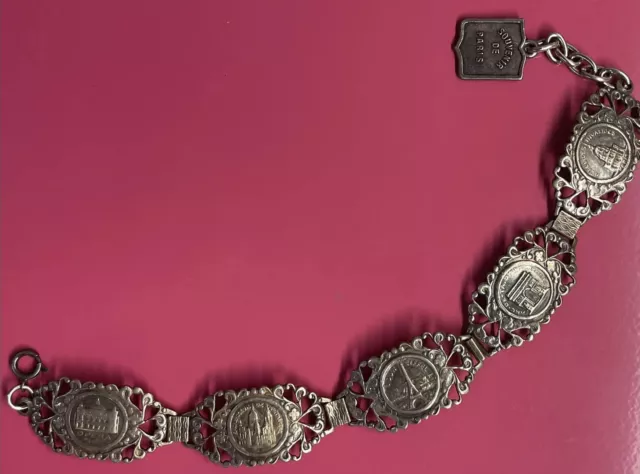 Vintage Paris France Silver Plated Souvenir Panel Link Bracelet Historic Sites