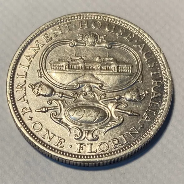 1927 KGV Australia Canberra Parliament House Florin - Great Condition Silver