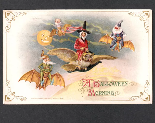 Winsch 1914 Schmucker A Halloween Morning Witch Clown Elf Owl Antique PostCard 3