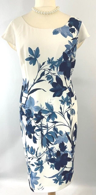 NEW JACQUES VERT Dress 18 20 Ivory Blue Bali Floral cap sleeve