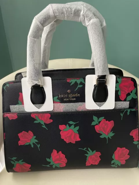 Kate Spade Madison Rose Toss Printed Medium Satchel Black Red Rose Floral KE536