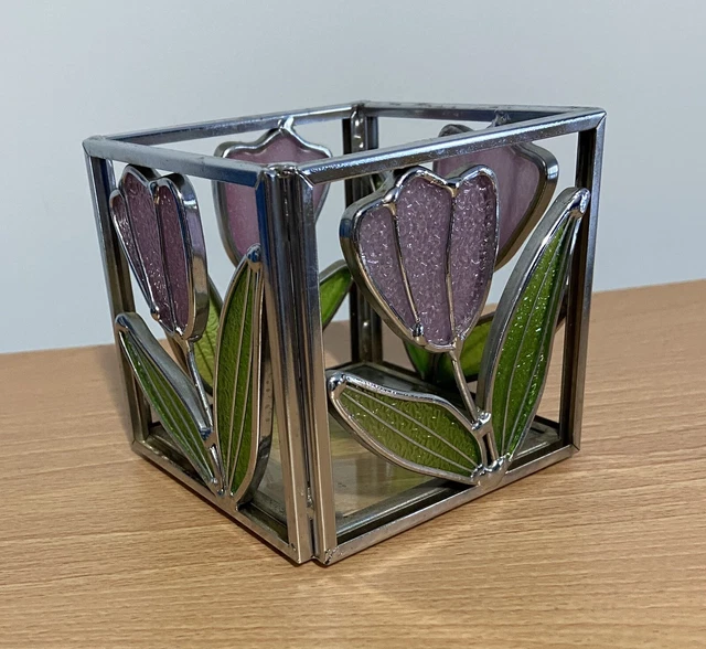 Stained Glass Votive Candle holder- Square, Tulip Crocus Flower design-purple