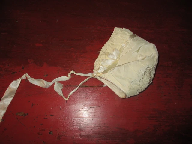Antique Vintage Baptismal Christening Unisex Baby Bonnet Handmade Lace Ribbon