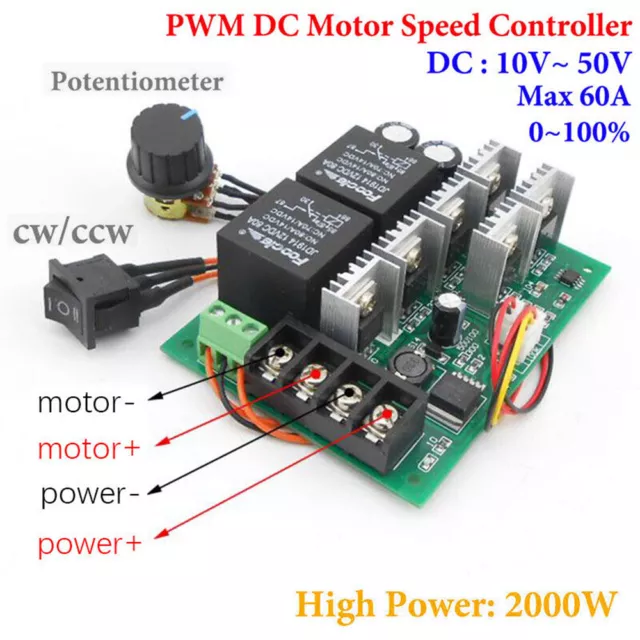 DC 10V-50V 40A PWM Brush Speed Controller CW CCW Reversible Switch Max.60A New 2