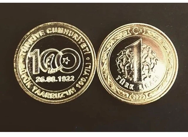 NEW 2022 TURKEY  1 Lira commem. "centenary of the great offensive  " UNC bimetal